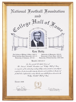 2008 Lou Holtz Election Certificate To The National Football Foundation and College Hall of Fame Framed To 17x23.5" (Holtz LOA)
